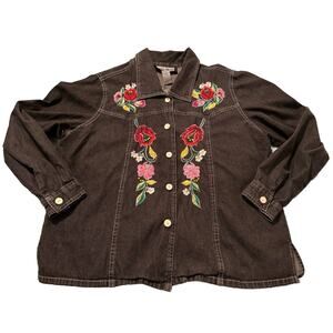 Vintage Indigo Moon Embroidered Boho Denim Top - Black Large